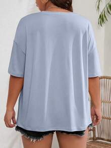 Speed mate 女士加大码T恤 - 宽松圆领短袖上衣，Y2K夏季休闲基础款T恤 - 霧霾藍 - 查看 4