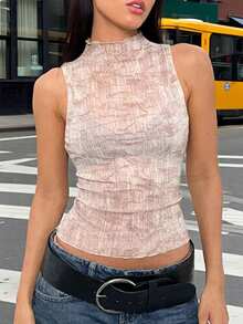 ​​Feminine Sheer Sleeveless Crewneck Top With Abstract Print Artistic Tank​​ - Khaki - View 7