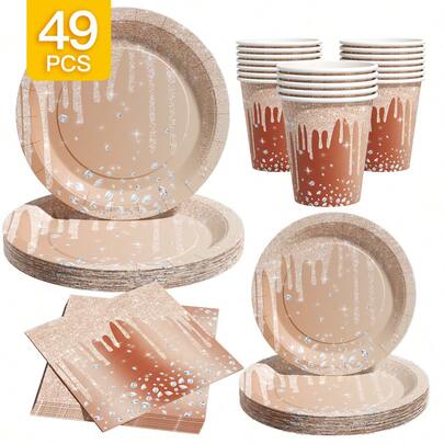8pcs Champagne Gold Glitter Drip Diamond Disposable Plate, Napkin And Cup Set, Includes Plates, Napkins And Cups, Party Supplies Suitable For 8 Guests, Disposable Paper Plates For Birthday, Wedding, Theme Party, Family Picnic