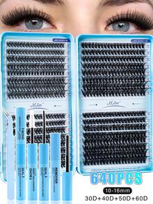 640/528pcs D-Curl Fluffy False Eyelashes Set, Includes Beginner Eyelash Tutorial, Thick 3D Segmented False Eyelashes With Glue, Remover, Sealer, Tweezers, Lash Brush, Enlarges Eyes, Lightweight & Reusable, Large Capacity Individual Lashes, Soft Natural Mixed Lashes, Creates 3D Volumized Eye Makeup, Suitable For DIY At Home, Travel, Daily Commute, Evening Party, Wedding Bride Makeup, Etc. - 黑色 - 查看 2
