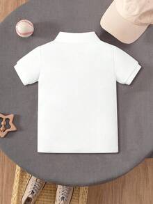Young Boy Cotton Classic Fashion Knight Embroidery Solid Color Short Sleeve Polo Shirt, Suitable For Daily, School, Gathering And Group Activities - White - View 3