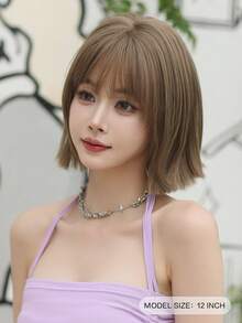 12 Inch Straight Bob Wig For Women Lightweight & Comfortable Fluffy Warm Brown Wigs With Bangs,Synthetic Full Machine Heat Resistant Fiber Hair Wigs For Daily Y2K, Lolita & Goth Styles-All-Match Fashion Accessories - Brown - View 3