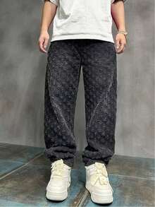 Jeans rectos, sueltos y sin estiramiento de cintura media con tejido de ganchillo de moda para hombres - Negro - Ver 6