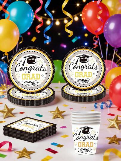 10pcs Graduation Party Disposable Round Paper Plates, 9 Inch And 7 Inch, Black Plaid With Gold Decor, Suitable For University/School Graduation Party Supplies, Including Plates, Cups And Napkins