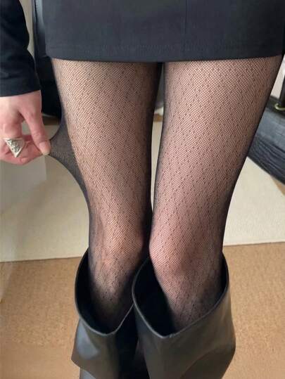 1 par de medias transparentes negras con patrón geométrico de diamantes para mujer, medias finas y sexys de estilo japonés, versátiles para vestidos y botas, medias de alta transparencia de moda diaria