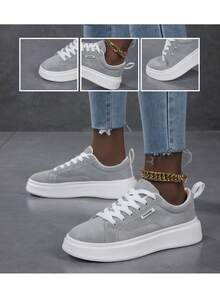 2026 Neue Damen Schnür-Lässig Sneaker, weiße Sportschuhe, leichte Skateboard-Schuhe für den Straßenmode-Einsatz - Hellgrau - Übersicht 6