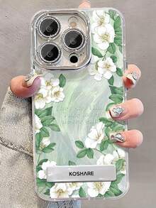 1个电镀闪粉全覆盖绿叶白花手机壳，带3D金属支架，兼容 11/12/13/14/15/16/17/Pro Max - 綠色 - 查看 1