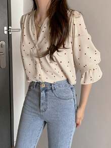 Camisa de mujer Blusa de chiffon de manga larga con estampado de corazones para mujer, estilo retro con diseño único al estilo de Hong Kong, prenda elegante y con personalidad - Albaricoque - Ver 3