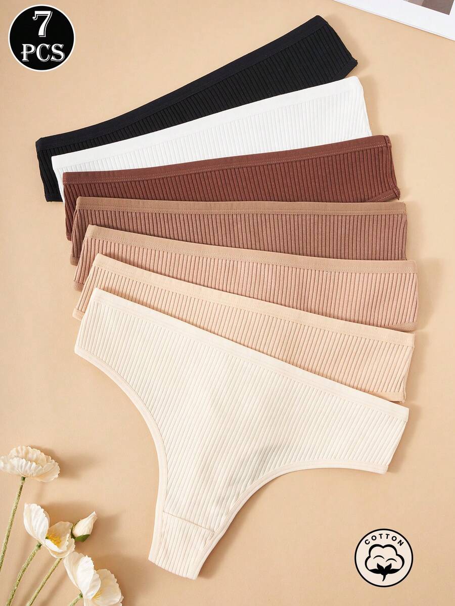 7pcs Women's Sexy Cotton Ribbed Thong Panties, Seamless & Comfortable Underwear - Multicolor - View 1
