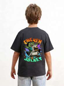 Young Boy "Chicken Jockey" Print T-Shirt, Fashionable Boys' Summer Short Sleeve Tee, Suitable For Daily Wear, School, And Street Style - Dark Grey - View 2