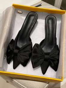 2026 Summer New Pointed Toe Bowknot Suede High Heel Slip-On Sandals, Black - Black - View 8