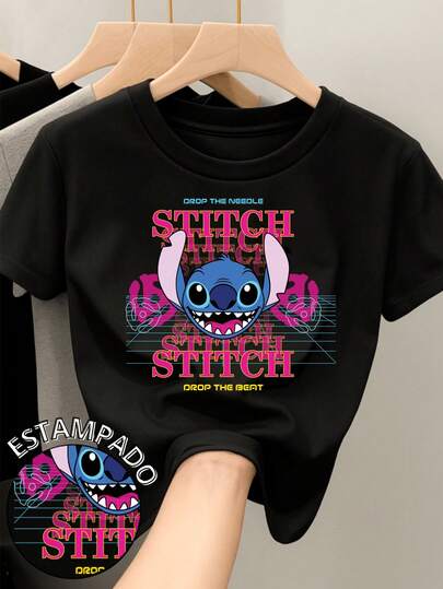  Camiseta para mujer de 100% algodón con cuello redondo y manga corta Estampada original de Disney Película Lilo y Stitch ideal para festividades Regalo ideal Primavera Verano Otoño Invierno Stich dormido con leyenda "Drop the beat"