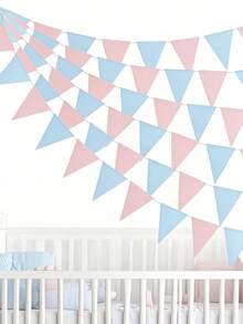 5pcs Gender Reveal Triangle Flags Banner, Light Blue And Pink Paper Triangles, Hanging Decor Suitable For Baby Shower (Boy Or Girl) Gender Reveal Party Background, Birthday Party, Nursery Decoration - Multicolor - View 2