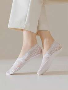 1/5双装 女士/女孩蕾丝花朵隐形短袜，防滑隐形船袜，夏季 - 彩色 - 查看 4