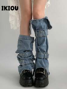 polve Y2K Subculture Style Asymmetrical Leg Warmers With Strap, Sweet & Cool American Baddie Design - Blue (suitable for Calf Circumference Up to 38cm) - View 4