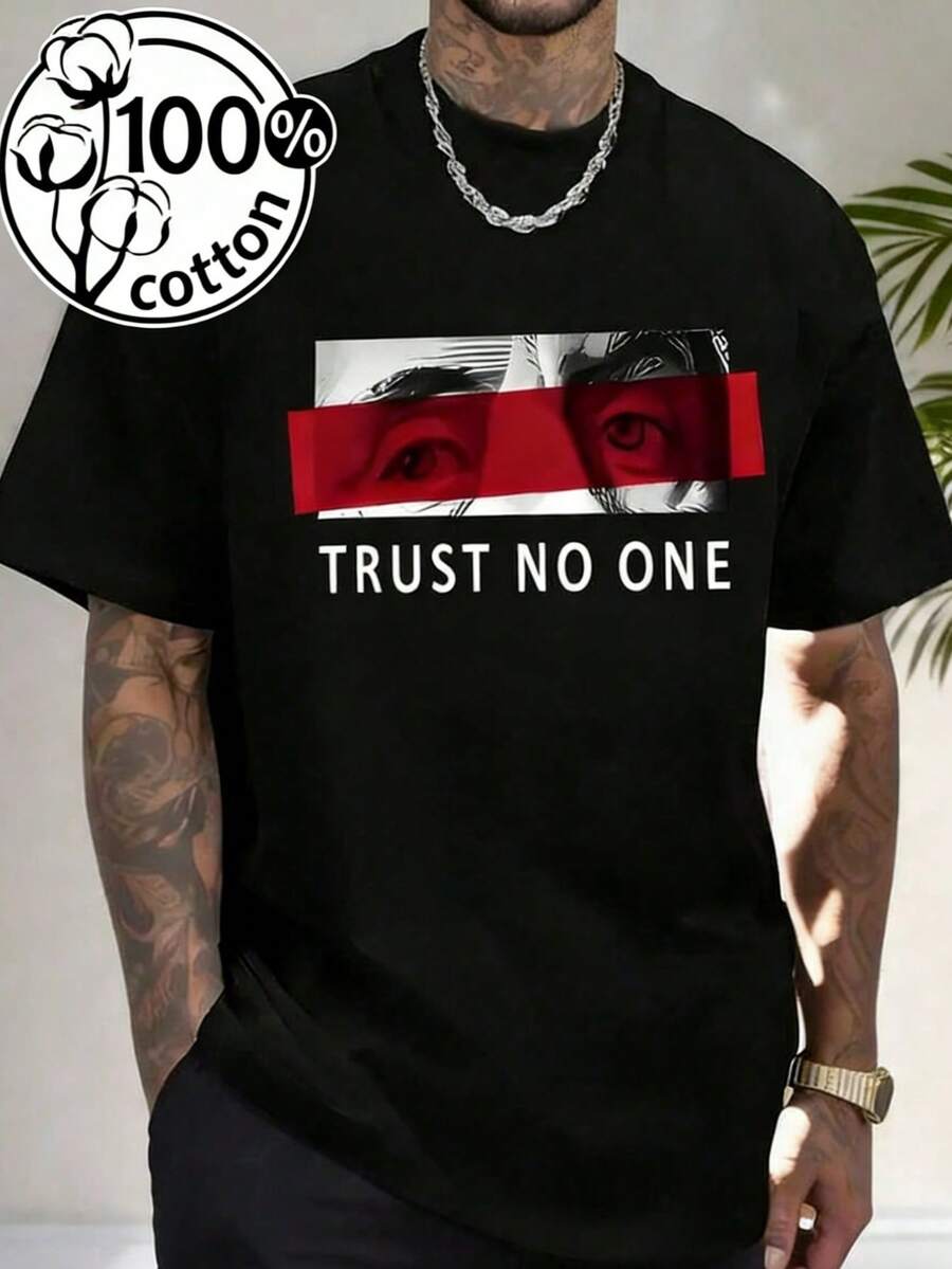 TRUST NO ONE Print Tee Shirt, Tees For Men, Casual Short Sleeve T-Shirt For Summer,Father's Day GiftsMen's Casual Cotton Short Sleeve T-Shirt – Basic Summer Tee For Men (S-XXXL) Cotton , Vintage, Cotton, Cotton Shirts, Graphic Tees, Romwe, Funny T Shirts, Graphic Tees, Western, White Graphic Tees - 黑色 - 查看 1