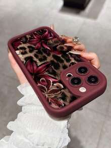 Cute Pink Lily Flower & Leopard Print Matte Anti-Drop Phone Case Compatible With IPhone 11, 12, 13, 14, 15, 16, 13 Pro Max, 16 Plus, 17 Pro Max, Scratch Resistant,Fashionable Valentine's Day Gifts,Summer Flower - 酒紅色 - 查看 11