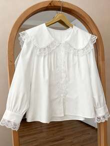 ii Loose Peter Pan Collar Long Sleeve Shirt White Spring - White - View 3