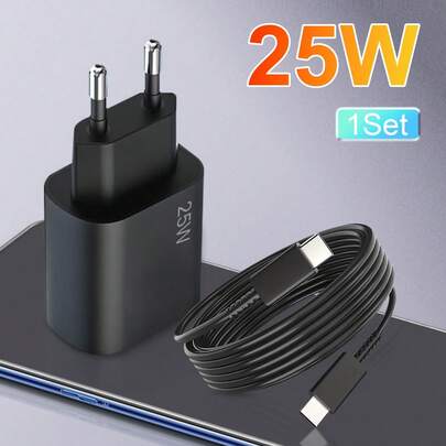 25W European USB-C Super Fast Charger Wall Adapter, Suitable For Samsung Galaxy S25 S24 S23 S22 S21 Ultra Plus A25 A15 A53 A52 A14 And Pixel Phones, Supports PD/PPS Protocol, Includes 4.9ft/3.3ft Data Cable
