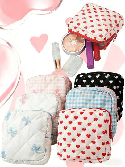 1pc Quilted Bow Sanitary Pad Storage Bag, Mini Cosmetic Bag, Cartoon Zipper Wallet, Tissue Paper Storage Bag, Small Cosmetic Bag, Toilet Paper Storage Bag, Multi-Functional Sanitary Pad Storage Bag, Large Capacity Minimalist Style Portable Bag, Women's Menstrual Products, Used To Store Sanitary Pads ,Travel Essential Bag