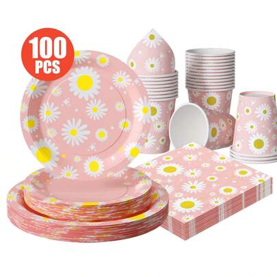 Daisy Print Disposable Plates, Napkins, Cups Set, One-Time Party Supplies Suitable For 25 Guests, Disposable Paper Plates Party Tableware For Birthday, Wedding, Theme Party, Family Picnic