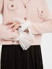 1 双女士碎花薄纱多层褶皱白色宽缎面蝴蝶结装饰袖口，柔美花卉风格，适合日常、上学、休闲穿着 - 彩色 - 查看 3