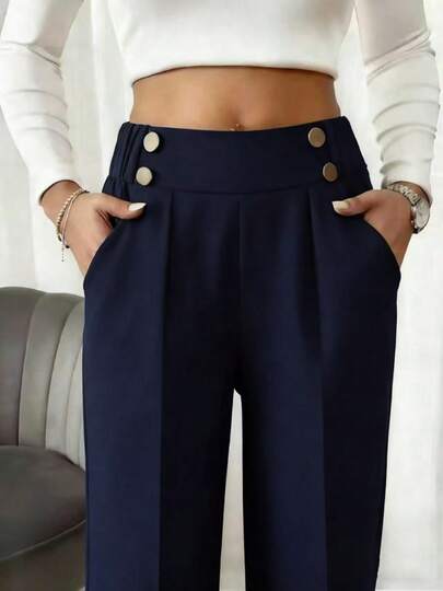 Women's Elastic Waist Double Buckle Loose Pants, Elegant Casual Leg Slimming Navy Blue Straight Leg Commuter Pants, Suitable For Daily Commute, Work Office In Spring/Summer