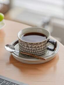 1pc Ceramic Latte Coffee Cup Set With Saucer, High-Quality Cute Couple Drinking Water Cup, Personalized Milk Mug, Creative Office Cup With Spoon - Multicolor - View 1