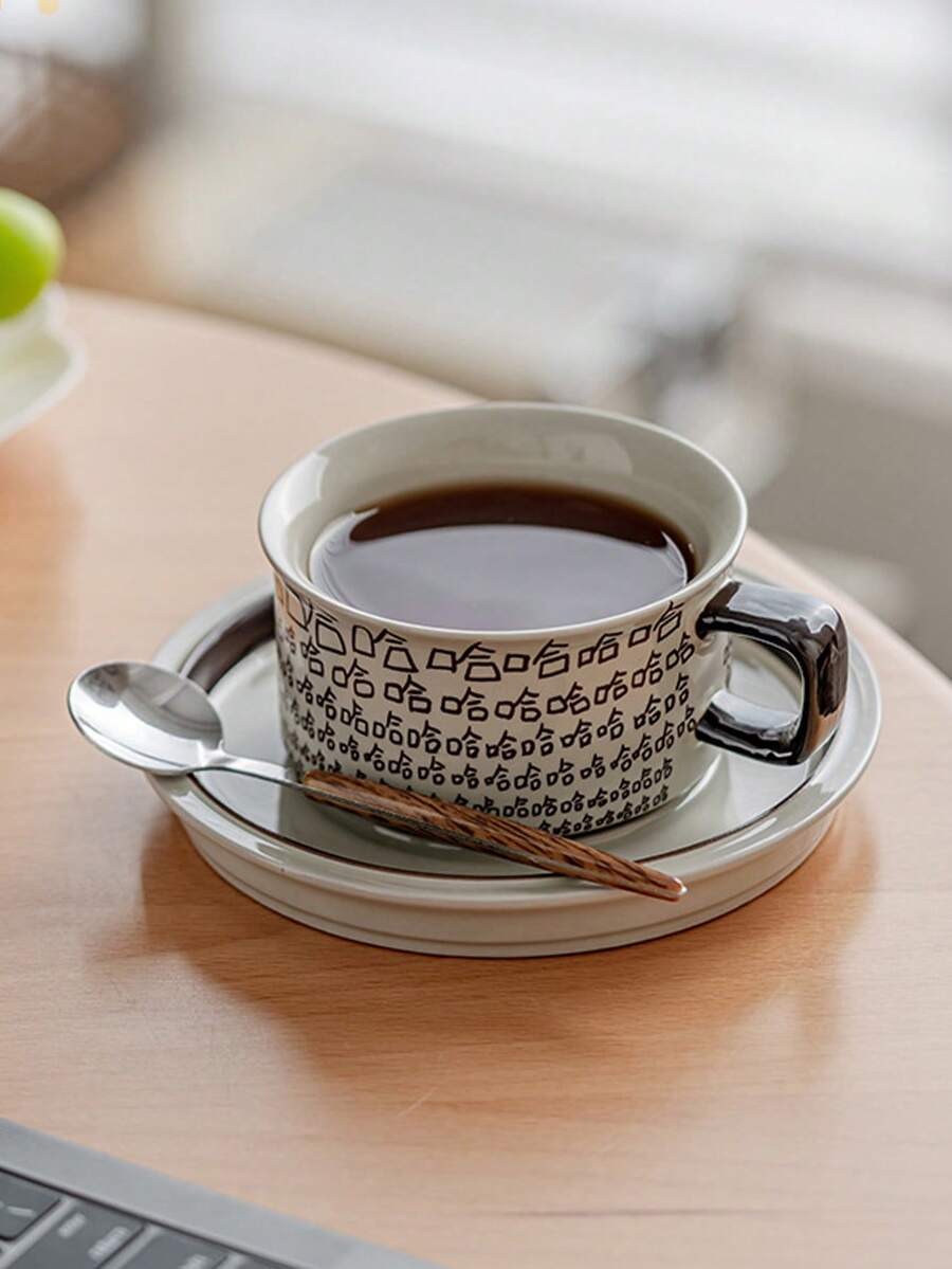 1pc Ceramic Latte Coffee Cup Set With Saucer, High-Quality Cute Couple Drinking Water Cup, Personalized Milk Mug, Creative Office Cup With Spoon - Multicolor - View 1