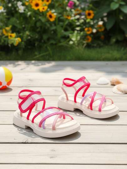 1 Pair Toddler/Kids Colorful Striped Transparent PU Decor Criss-Cross Design Flat Sandals, Roman Style Magic Tape Casual Children Shoes, Non-Slip Rubber Thick Sole, Suitable For Princess Dress, Daily, School, Party, Beach, Spring/Summer 2026