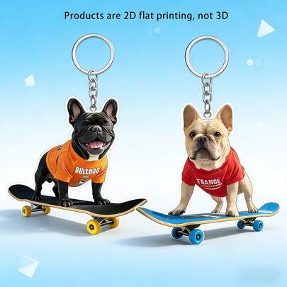 1个亚克力2D法斗犬钥匙扣，背包挂饰，C吊坠礼物，扁平法斗犬滑板造型，亚克力小狗挂件，可用于背包、车钥匙、派对装饰 - 青少年、女性和男性礼物