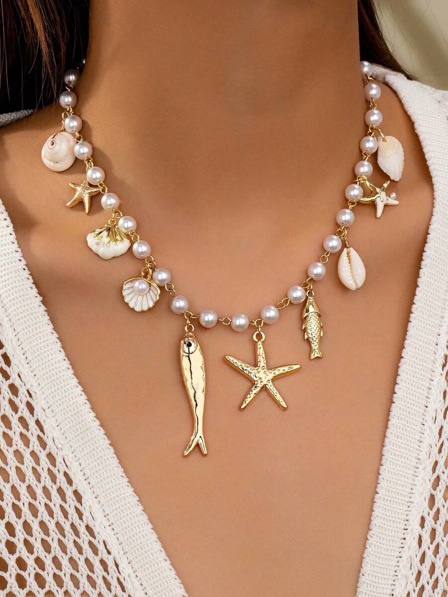 1 chiếc vòng cổ san hô đỏ mùa hè, vòng cổ hạt cườm phong cách Bohemian với mặt dây chuyền vỏ sò và sao biển, vòng cổ phong cách biển quyến rũ dành cho phụ nữ, thích hợp cho kỳ nghỉ, du lịch, tiệc tùng. - Nhiều màu - Xem 1