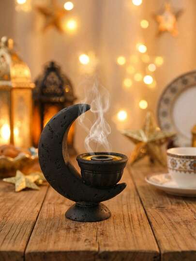 Svart harts arabisk Ramadan rökelsebrännare, månhalvmåne Bakhoor-brännare elegant aromaterapidiffusor för heminredning, rökfri dofthållare perfekt för vardagsrum, sovrum, yogastudio, meditationsutrymme, unik rökelsehållare