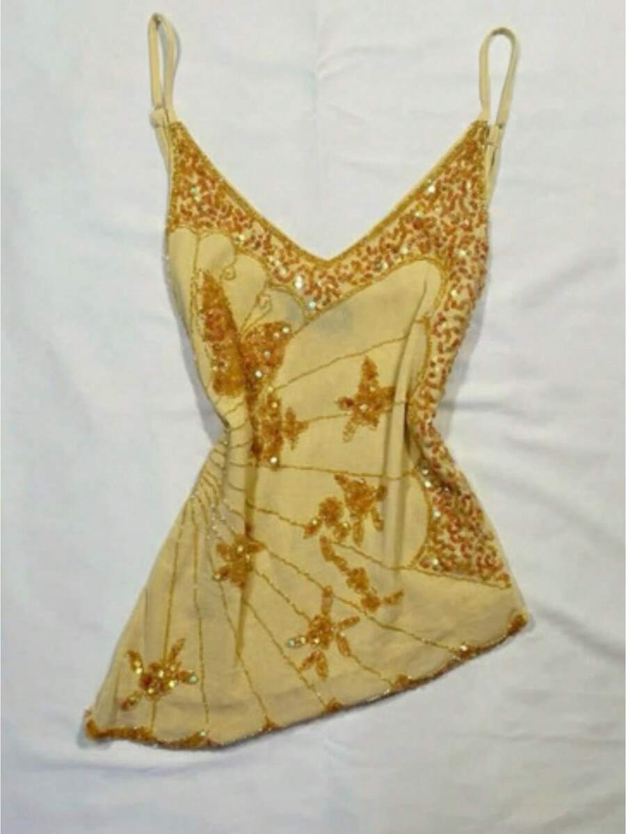 Mermaid Girl Fantasy Irregular Sequin Mesh Suspender Vest Sexy Hot Girl Top 2025 Summer Women's Design Sense - 淺黃色 - 查看 1