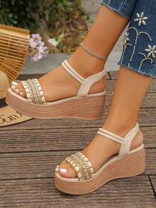 1 Pair Summer Thick Sole Platform Sandals For Teenagers, Fashionable Minimalist Slip-On, Comfortable For Daily Wear, Travel, Beach, Vacation. Runs Small, Order One Size Up - Apricot - View 3