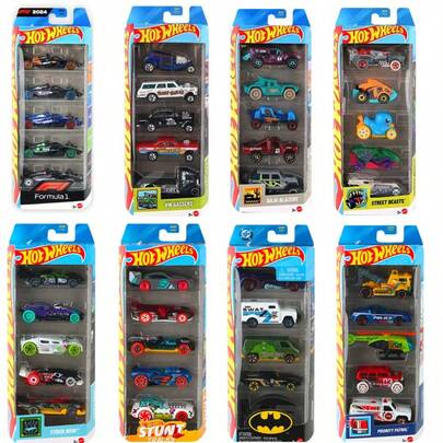 Hot Wheels Set de 5 piezas de juguetes de modelo de aleación que incluyen camiones, autos de Fórmula 1 y autos deportivos, adecuados para niños de 3+ años, estilos diversos, fundición a presión, compactos y exquisitos, regalo de Navidad/cumpleaños para niños