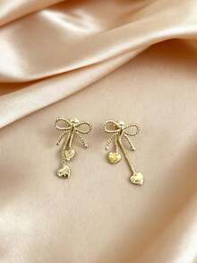 زوج من أقراط الأذن الفاخرة الفريدة ذات الفيونكة الذهبية والشرابة على شكل قلب، مناسبة للنساء، عيد الحب واللبس اليومي - الذهبي - مشاهدة 4