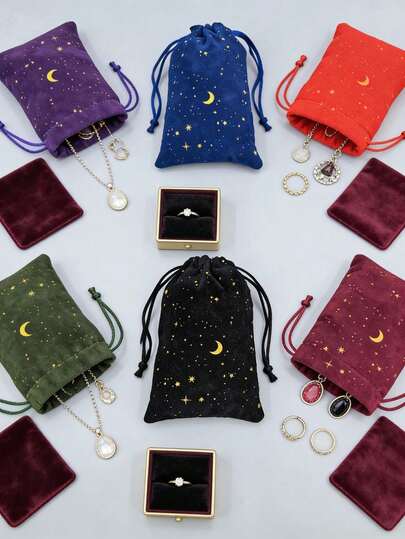 6pcs/Set Swan Print Velvet Drawstring Bags, Suitable For Tarot Cards, Occult Card Decks, And Energy Stones. Perfect Gift Bags For Easter, Christmas, And Halloween. Velvet Bags With Star, Moon Prints For Ramadan, New Year, Holiday Parties, Jewelry Storage, Kitchen Dry Goods Hanging Bags,Room Décor
