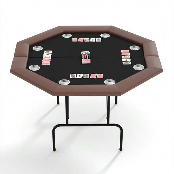 Game Table For 8 Players, Collapsible Octagon Game Table, Portable Leisure Game Table, With Sturdy Metal Legs, Padded Rails, And Cup Holders, For Home Game Nights And Club Parties