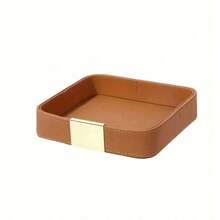 1 pieza Bandeja de almacenamiento de escritorio de lujo de cuero, caja decorativa para joyas, relojes, cosméticos, llaves, teléfono, billetera, accesorio para el hogar y la oficina con tapa deslizante de metal, naranja - Multicolor - Ver 11