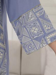 2026 New Style Elegant Embroidered Beaded Arabic Women's Dress JALABIA, Square Collar Long Sleeve, Fashion Creative Graceful - Blue - View 5