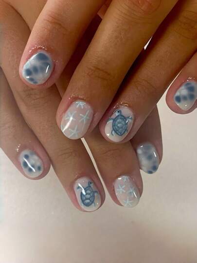 Instantly Upgrade Your Look! 24pcs Set Short Square Cute White Turtle Pattern Nail Art Stickers. Suitable For Fashion Lovers, Career Women, Parties, Dates And Daily Wear. Nail Stickers, Nail Decorations, Essential Nail Care Supplies. Nails