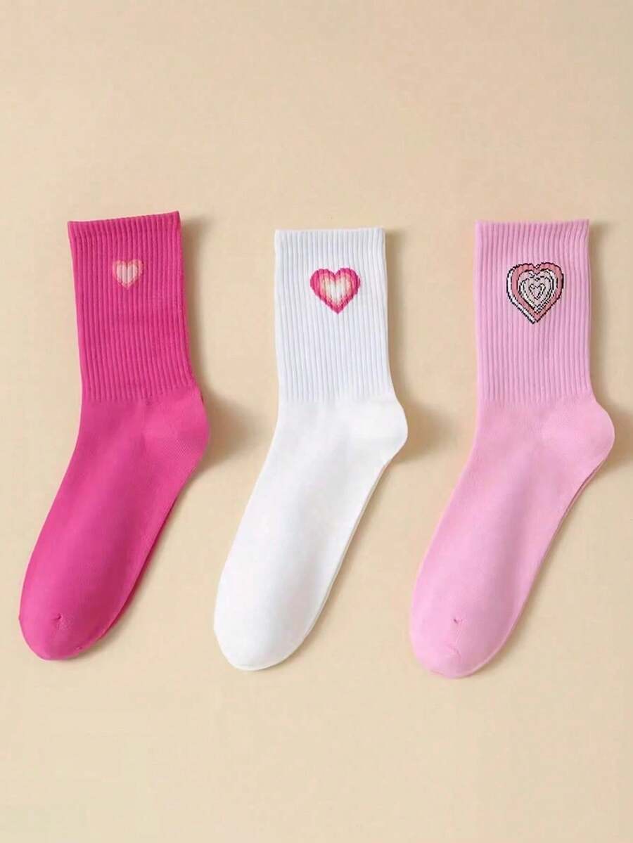 3 Pairs Cute Heart Pattern Socks, Soft Mid-Calf Socks, Unisex, Creative, Comfortable Casual, Also Suitable As Valentine's Day Gift - Multicolor - View 1