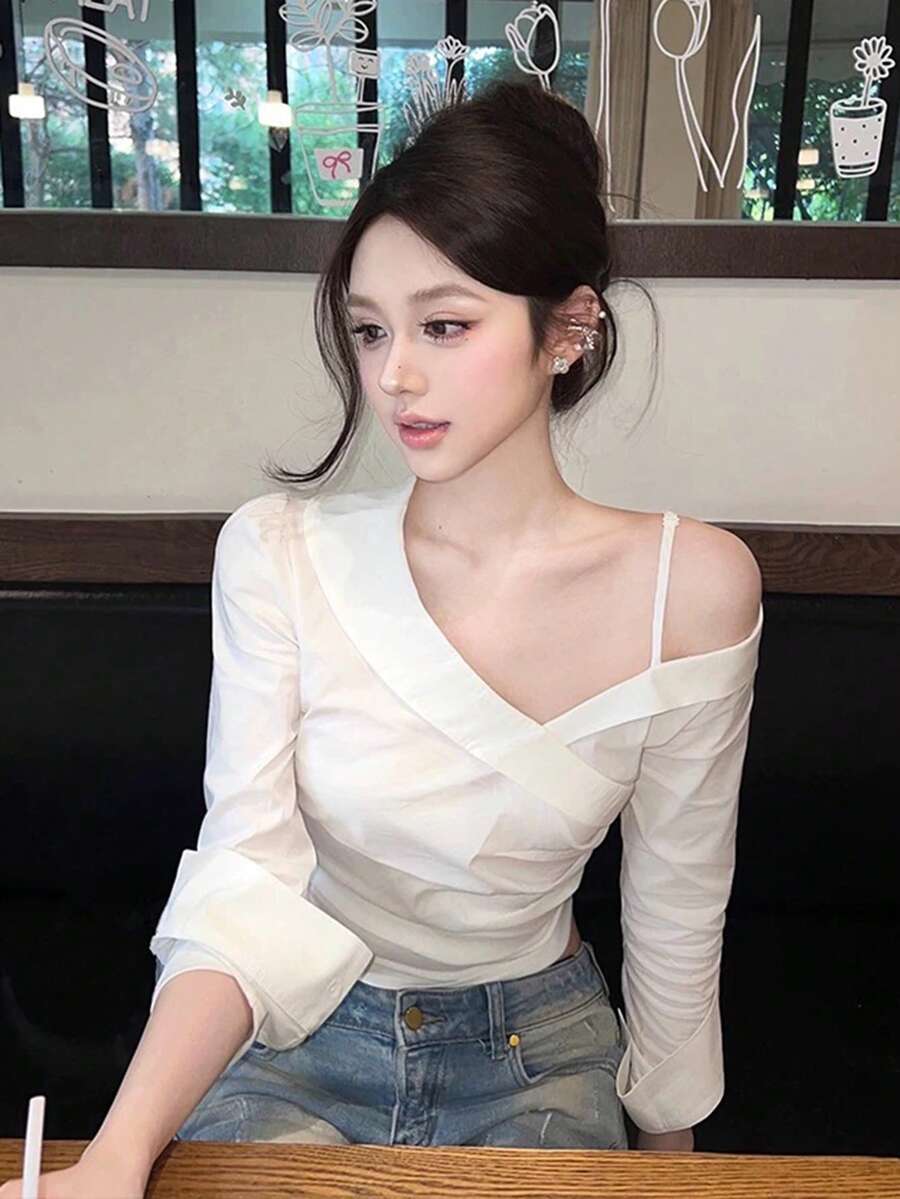 White Elegant Criss-Cross Design Off-Shoulder Long Sleeve Fitted Blouse - White - View 1