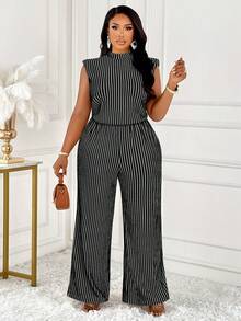 BIUBIU 优雅黑白条纹连体裤，女士高领无袖阔腿休闲办公连体裤 - 黑色 - 查看 4