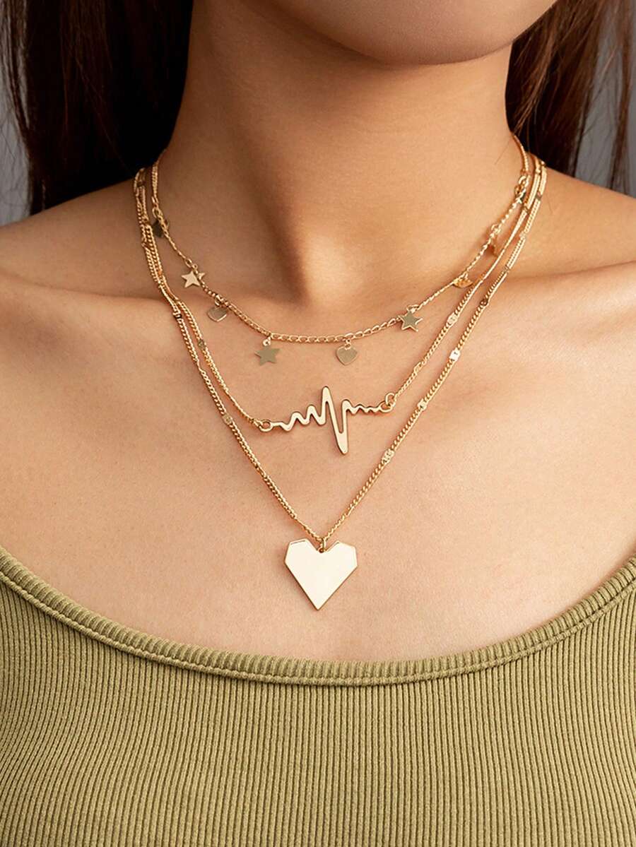 3pcs Valentine's Day Heart, Star, ECG Shaped Pendant Multilayer Necklace (Flattened Quantity And Spacing Are Random) - Yellow Gold - View 1