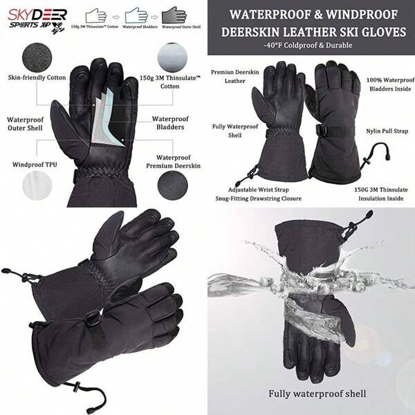SKYDEER Waterproof Skiing Gloves With Deerskin Leather And 150G 3M Thinsulate Insulation For Cold Weather Snow Work SD8659T/M