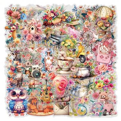 57 pièces Nouveau pack d'autocollants "Apporter la prospérité" - Fournitures de fleurs transparentes en PET imperméables, décalcomanies de décoration pour guitare, cahier, coque de téléphone, sac à dos et agenda, idéal pour créer