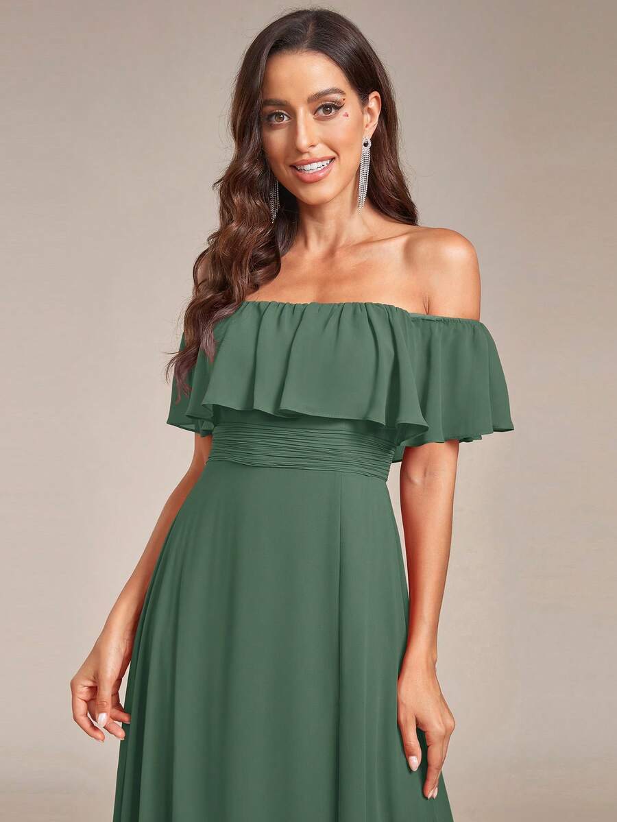 Elegant Off Shoulder Ruffle Hem High Slit Bridesmaid Dress - Olive Green - View 1