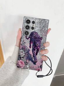 1pc Fashionable Floral & Leopard Print Protective Phone Case With Detachable Black Silicone Wrist Strap, Compatible With Samsung Galaxy A07/A17/S26/S26 PLUS/S26 Ultra, S25/S25 PLUS/S25 Ultra, A16/A36/A26/A56/A50/A12/A32/A52/A72/A51/A21S/A13/A14/S24/S24 PLUS/S24 Ultra, S20/S23/S22, A53/S20 FE/S21, 11/12 Pro/12/12X/13 Pro/14 Pro/15 Pro/X3 Pro, Redmi 10/9/Note 9/12C/Note 11 Pro/Note 8 Pro/9C/9A - Multicolor - View 2